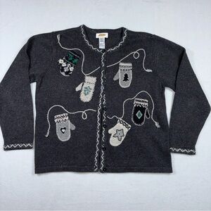 Vintage Talbots Grey Winter Mittens Christmas Holiday Cardigan Sweater Large